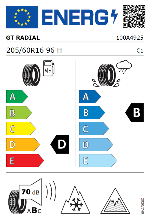 Tyre Label for GT Radial WinterPro 2 evo 205/60R16 96H