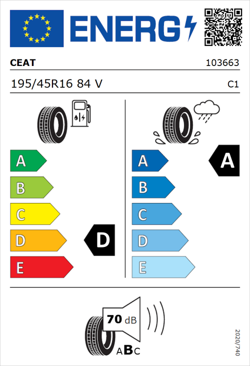 Tyre Label for CEAT Secura Drive 195/45R16 84V