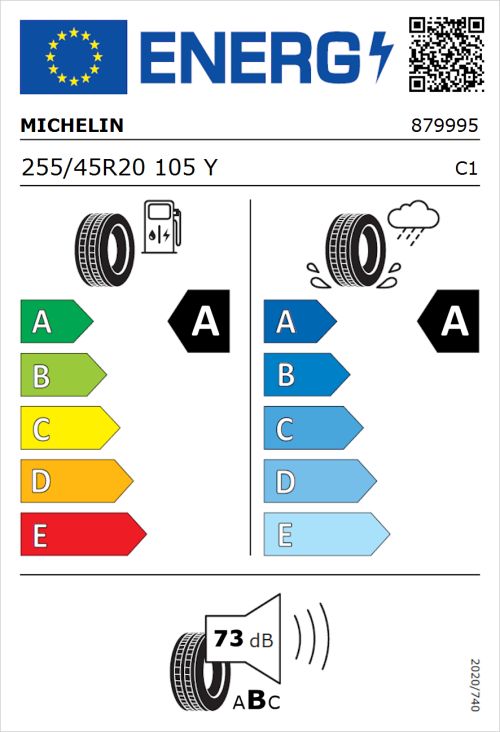 Tyre Label for Michelin Pilot Sport 5 Energy 255/45R20 105Y